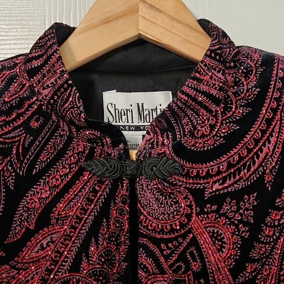 Vintage Sheri Martin Women's Black Velvet Red Sequin Jacket Overcoat SM Romantic - Picture 5 of 10